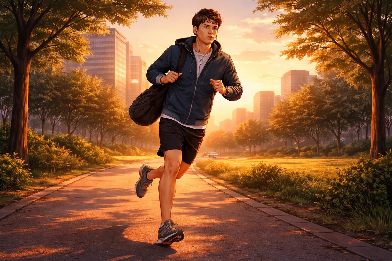 A person running along a path near office buildings during sunset, wearing athletic clothes and carrying a small bag.