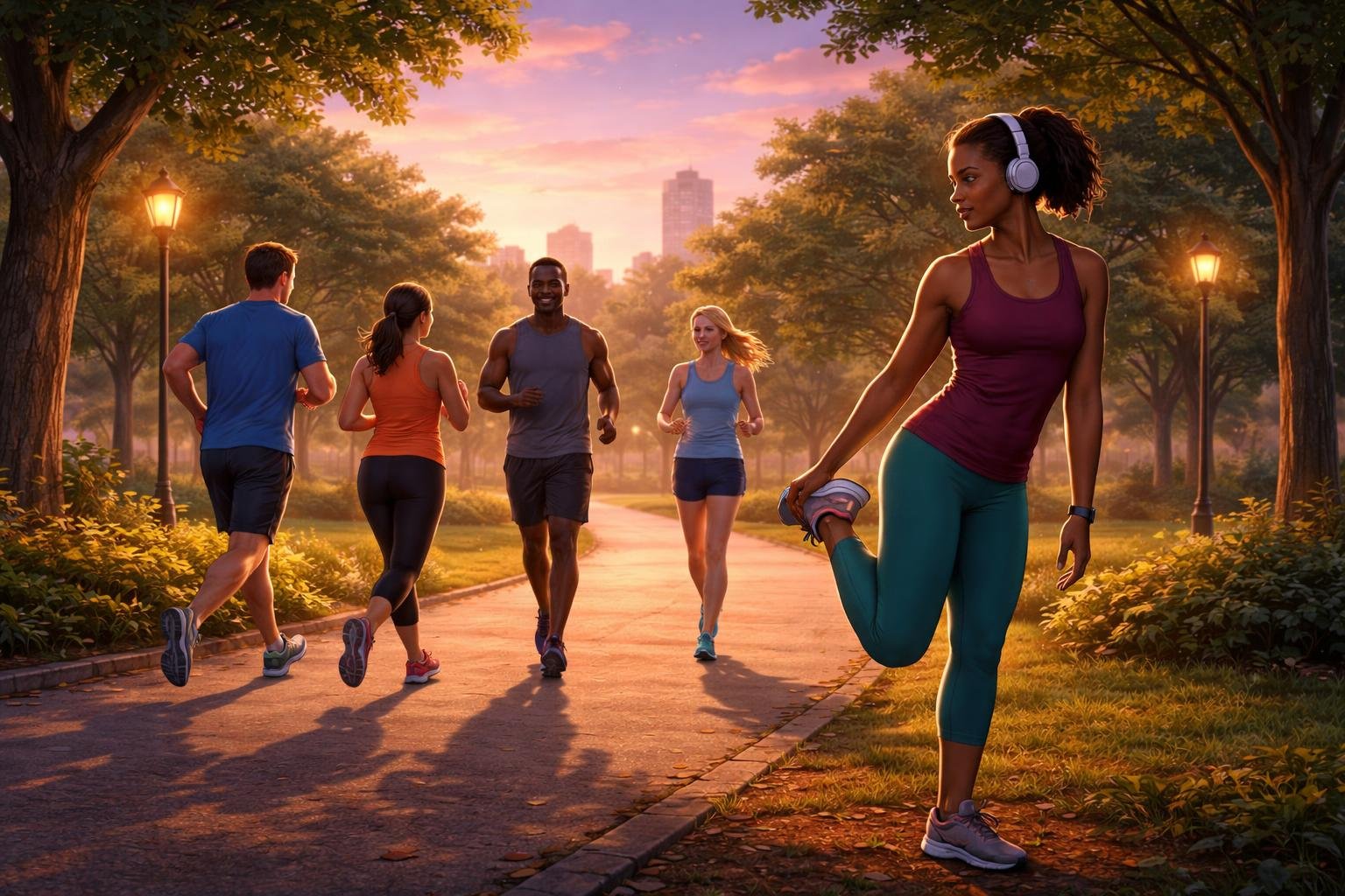 People running and stretching in a park at sunset after work.