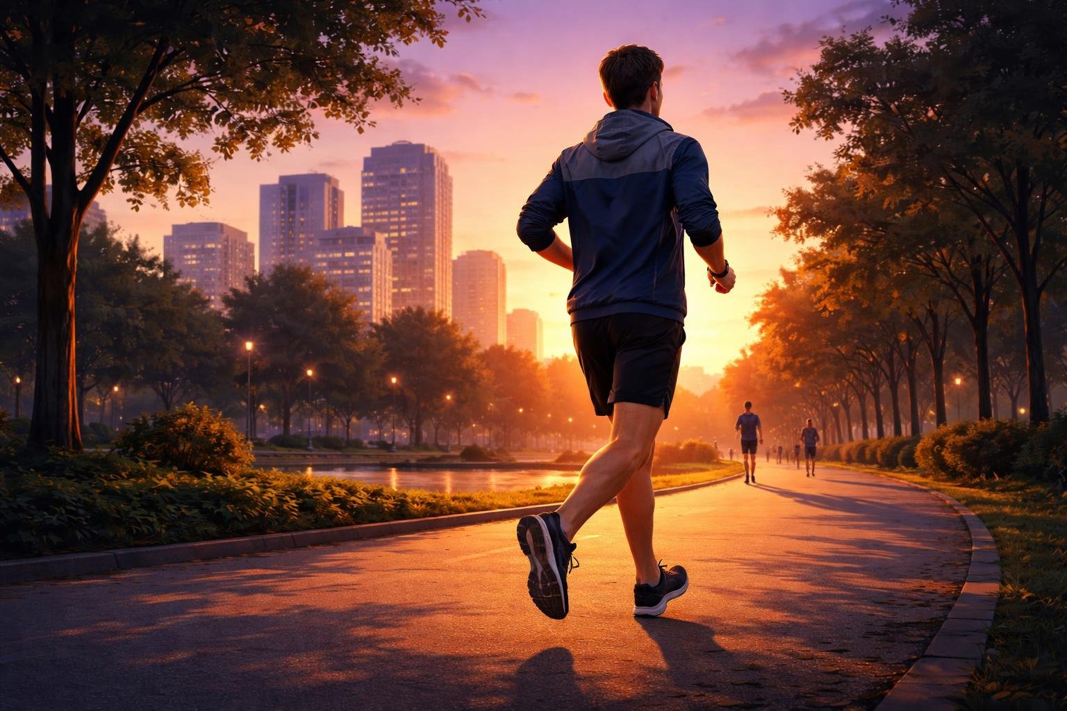 A person running along a park path in the evening with city buildings and trees in the background during sunset.