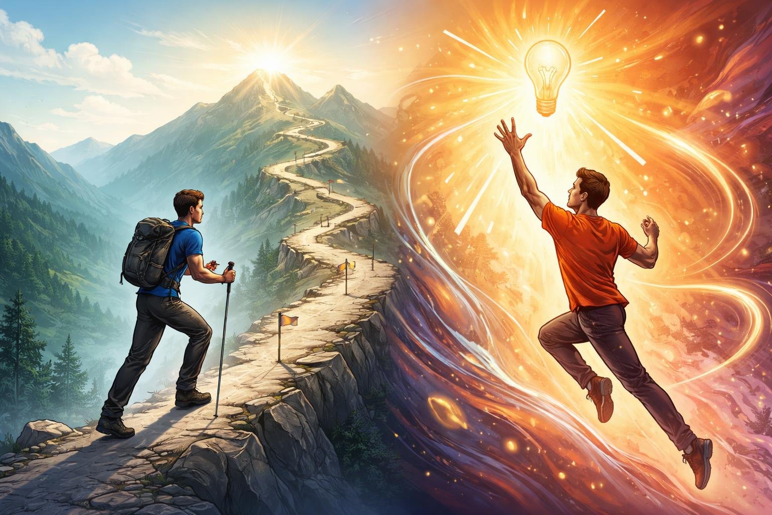 A person climbing a mountain on one side and another person surrounded by colorful energy reaching toward a glowing goal on the other side, illustrating discipline and motivation.