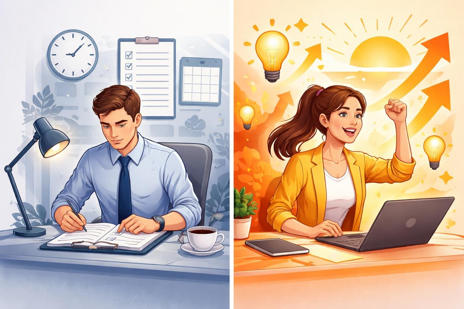Two people side by side, one focused and working with a planner and clock, the other energized with lightbulbs and arrows around them, representing discipline and motivation.